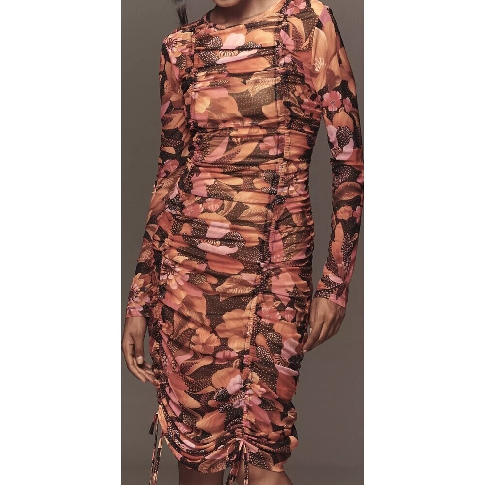 FARM RIO Topical Floral Tulle Ruched Long Sleeve Midi Dress Size L NWT $218